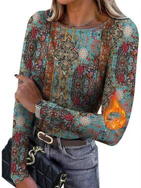 Women's Print Crew Neck Long Sleeve Light Fleece Casual Basic Tops T Shirts